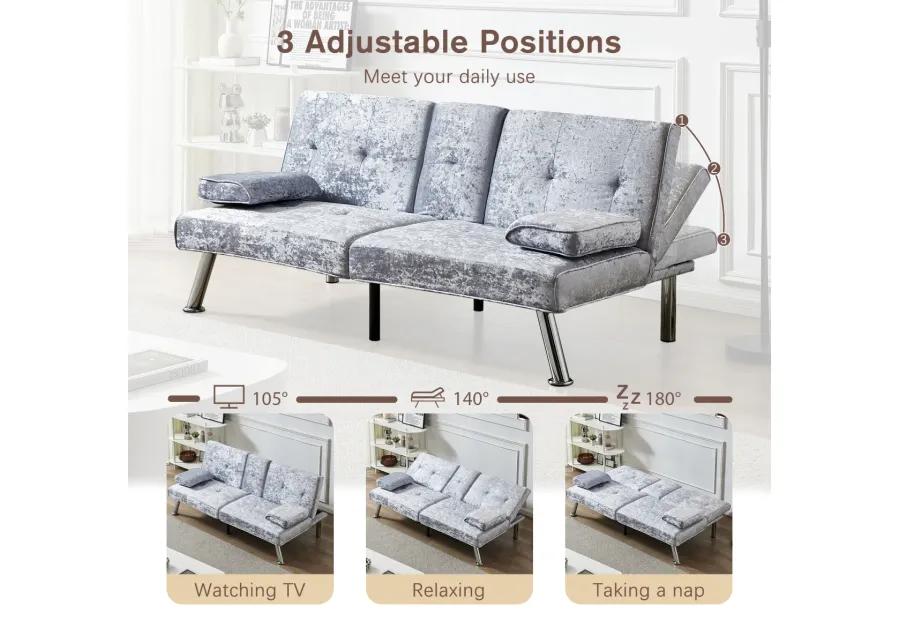 Gray Velvet Sofa Bed with Removable Armrests & Cup Holders