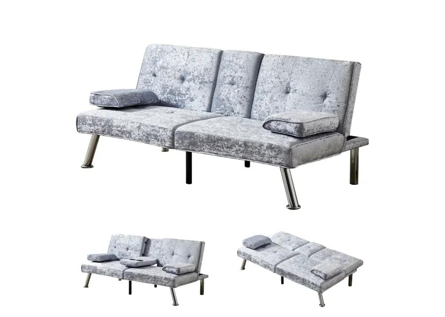 Gray Velvet Sofa Bed with Removable Armrests & Cup Holders