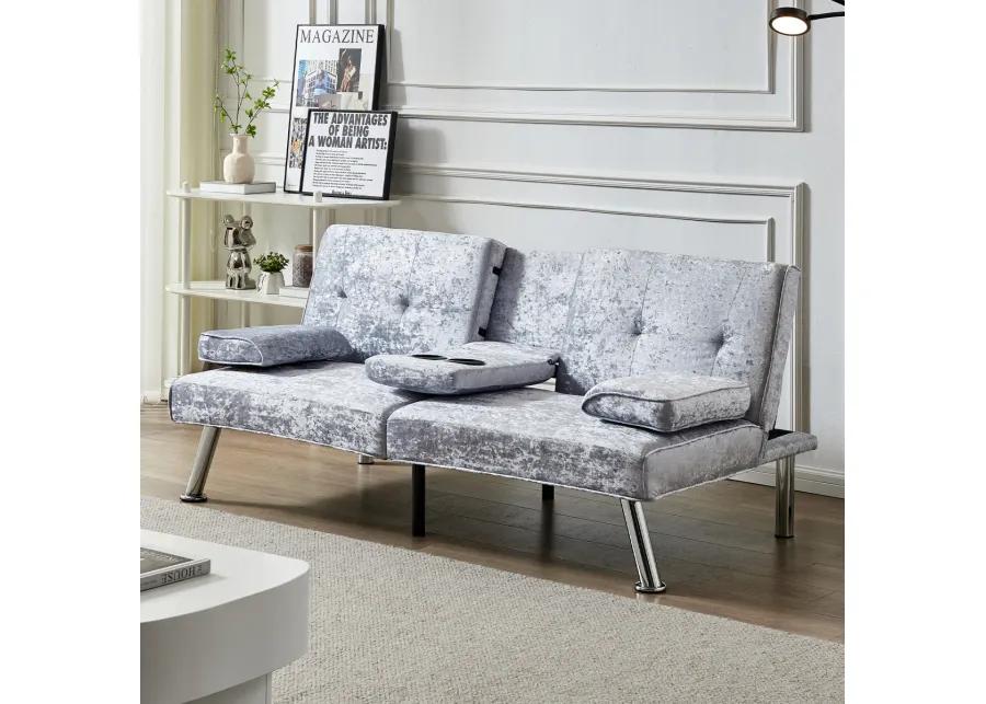 Gray Velvet Sofa Bed with Removable Armrests & Cup Holders