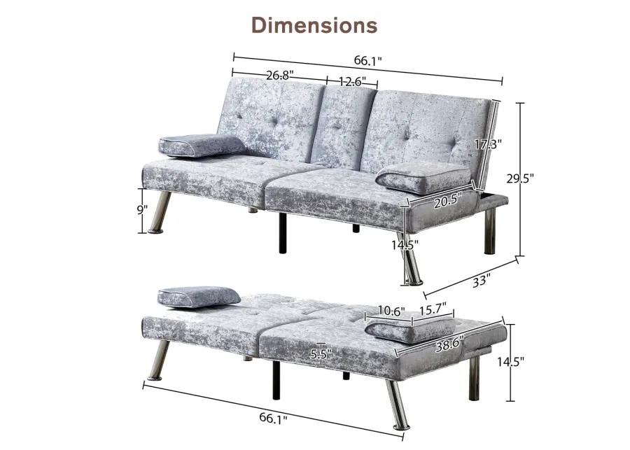 Gray Velvet Sofa Bed with Removable Armrests & Cup Holders