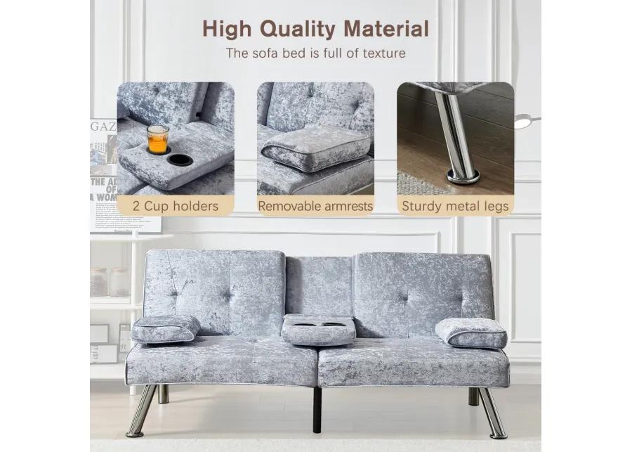 Gray Velvet Sofa Bed with Removable Armrests & Cup Holders