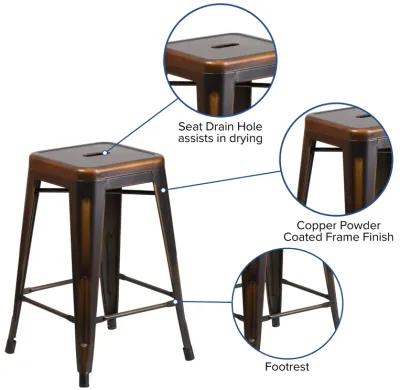 Flash Furniture Commercial Grade 24" High Backless Distressed Copper Metal Indoor-Outdoor Counter Height Stool