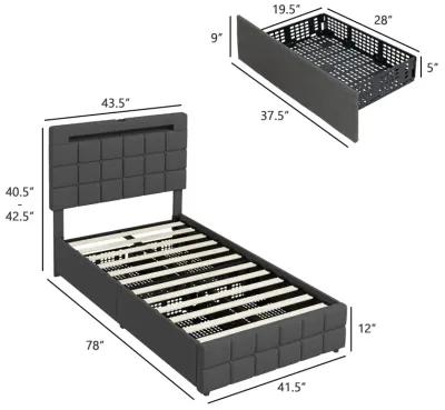 Upholstered LED Bed Frame with Headboard and 4 Drawers