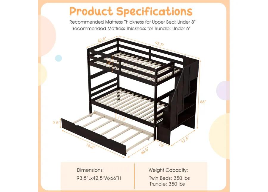 Home Wood Bunk Bed with Guard Rail and 4-step Storage Stairs No Box Spring Needed