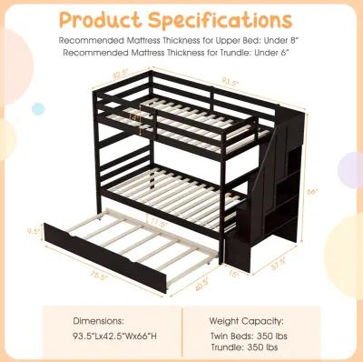 Home Wood Bunk Bed with Guard Rail and 4-step Storage Stairs No Box Spring Needed