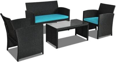 4 Pieces Rattan Patio Furniture Set with Weather Resistant Cushions and Tempered Glass Tabletop