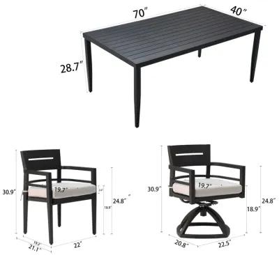 MONDAWE 7 Pieces Outdoor Patio Aluminum Furniture,Modern Dining Set,Including 4 Dining Chairs & 2 Swivel Rockers Sunbrella Fabric Cushioned and Rectangle Dining Table with Umbrella Hole,Ember Black