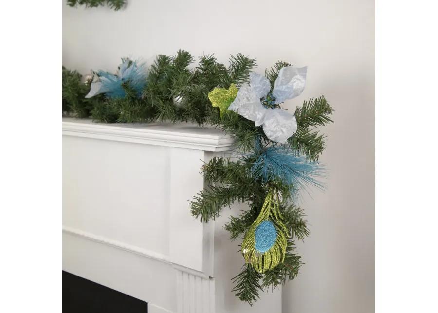 6' x 9" Peacock Feather and Poinsettia Artificial Christmas Garland  Unlit