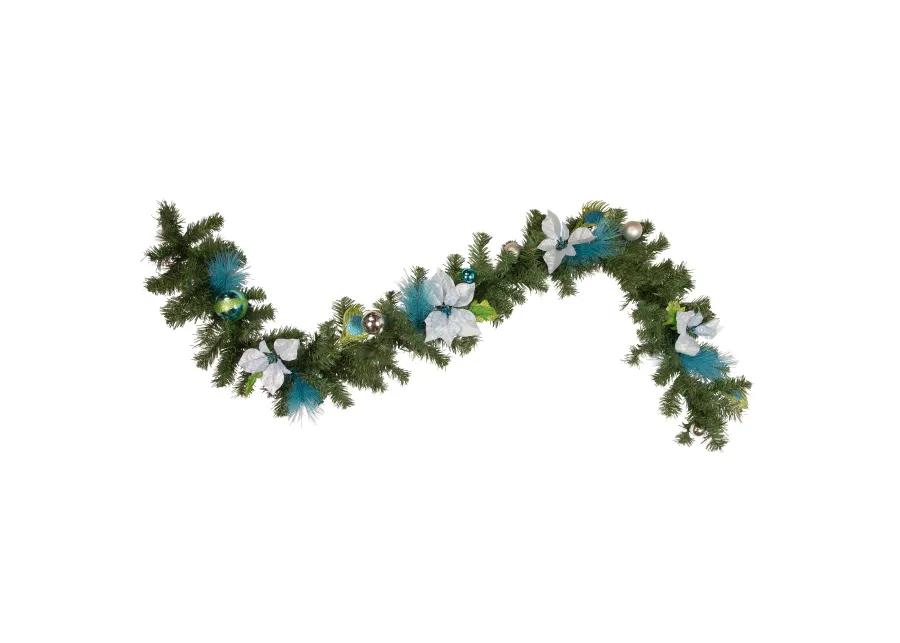 6' x 9" Peacock Feather and Poinsettia Artificial Christmas Garland  Unlit