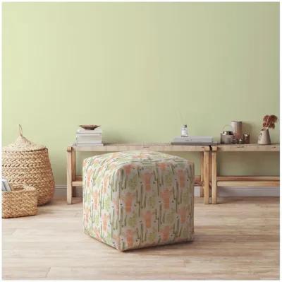 Homezia 17" Orange And Green Cotton Floral Pouf Ottoman