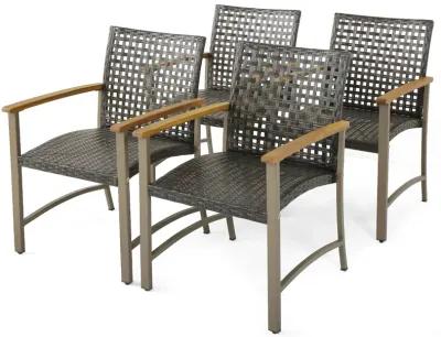 Set of 4 Patio Rattan Dining Chairs with Acacia Wood Armrests-Set of 4