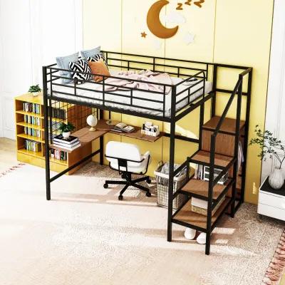 Merax  Metal Loft Bed with Desk and Wardrobe