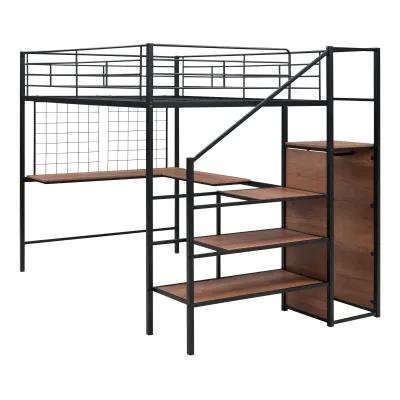 Merax  Metal Loft Bed with Desk and Wardrobe