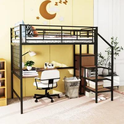 Merax  Metal Loft Bed with Desk and Wardrobe