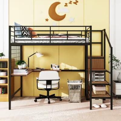 Merax  Metal Loft Bed with Desk and Wardrobe