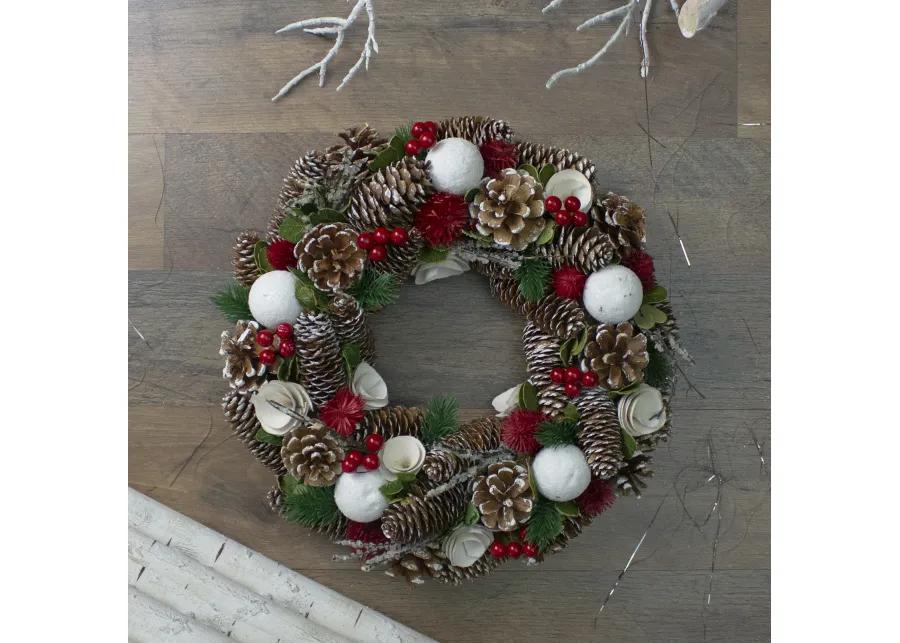 White Wooden Rose and Pine Cone Artificial Christmas Wreath 13.5-Inch  Unlit