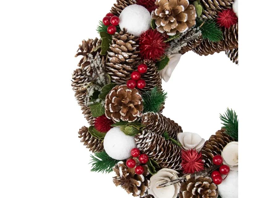 White Wooden Rose and Pine Cone Artificial Christmas Wreath 13.5-Inch  Unlit