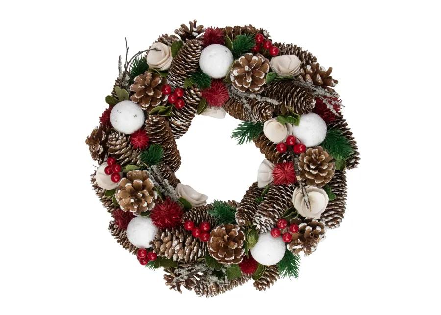 White Wooden Rose and Pine Cone Artificial Christmas Wreath 13.5-Inch  Unlit