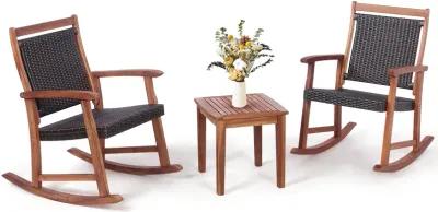 3 Pieces Acacia Wood Patio Rocking Chair Set with Side Table