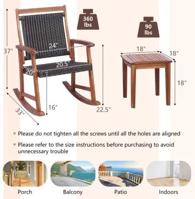 3 Pieces Acacia Wood Patio Rocking Chair Set with Side Table