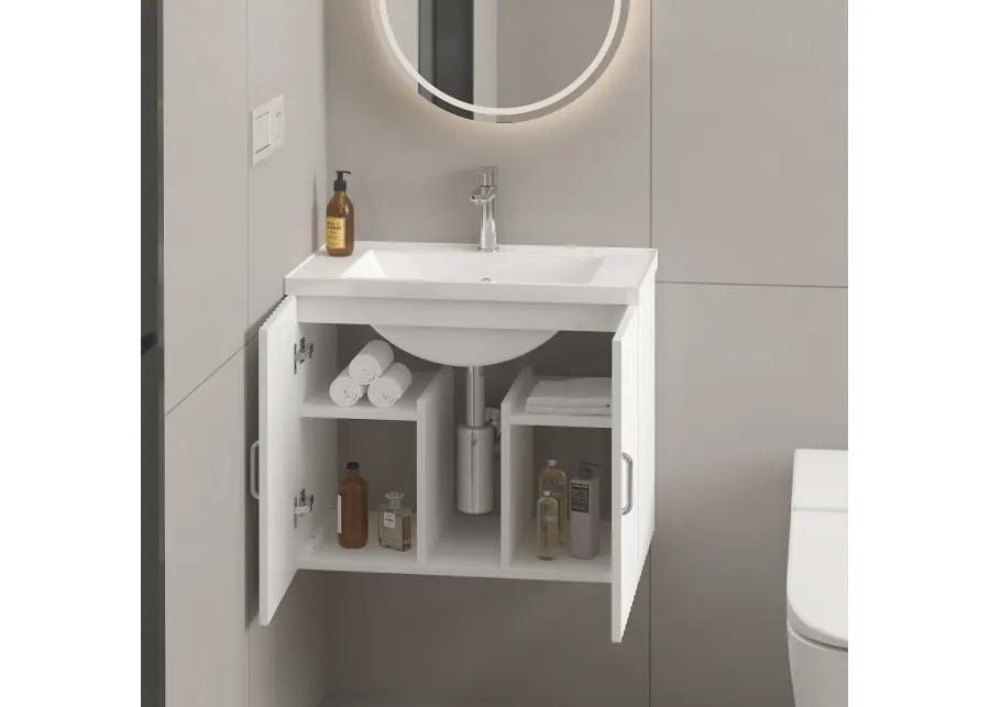 24" Floating Wall Mounted Bathroom Vanity With White Porcelain Sink And Soft Close Doors