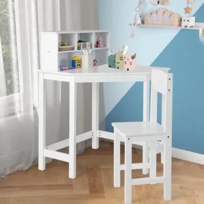 Hivvago Kids Wooden Corner Desk and Chair Set with Hutch and Storage-White