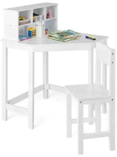 Hivvago Kids Wooden Corner Desk and Chair Set with Hutch and Storage-White