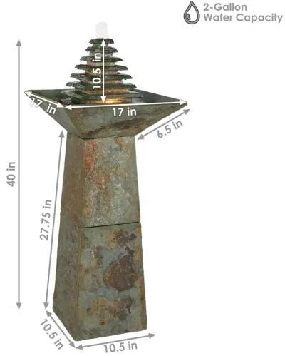 Sunnydaze Layered Slate Pyramid Water Fountain with LED Lights - 40 in