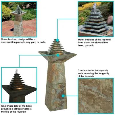 Sunnydaze Layered Slate Pyramid Water Fountain with LED Lights - 40 in