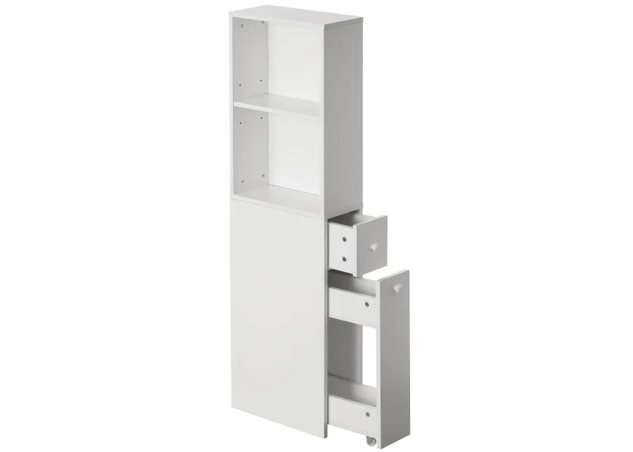 Freestanding Narrow and Slim Design White Bathroom Storage Cabinet - Ideal as Toilet Paper Storage, Feminine Product Organizer or Hair Tool Organizer with Storage Drawer and Adjustable Shelf