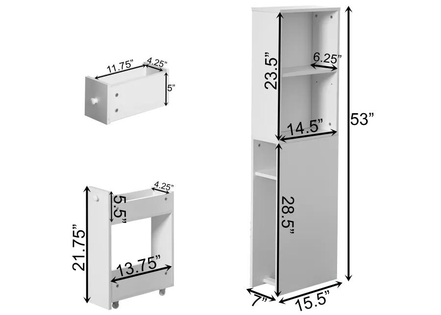 Freestanding Narrow and Slim Design White Bathroom Storage Cabinet - Ideal as Toilet Paper Storage, Feminine Product Organizer or Hair Tool Organizer with Storage Drawer and Adjustable Shelf