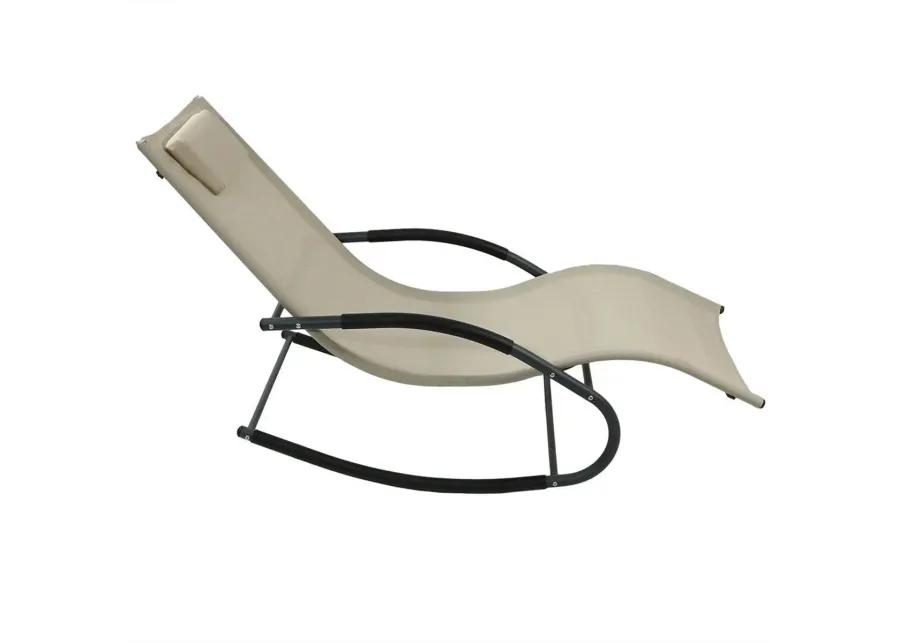 Set of 2 Beige Rocking Chaise Lounger Patio Lounge Chair with Pillow