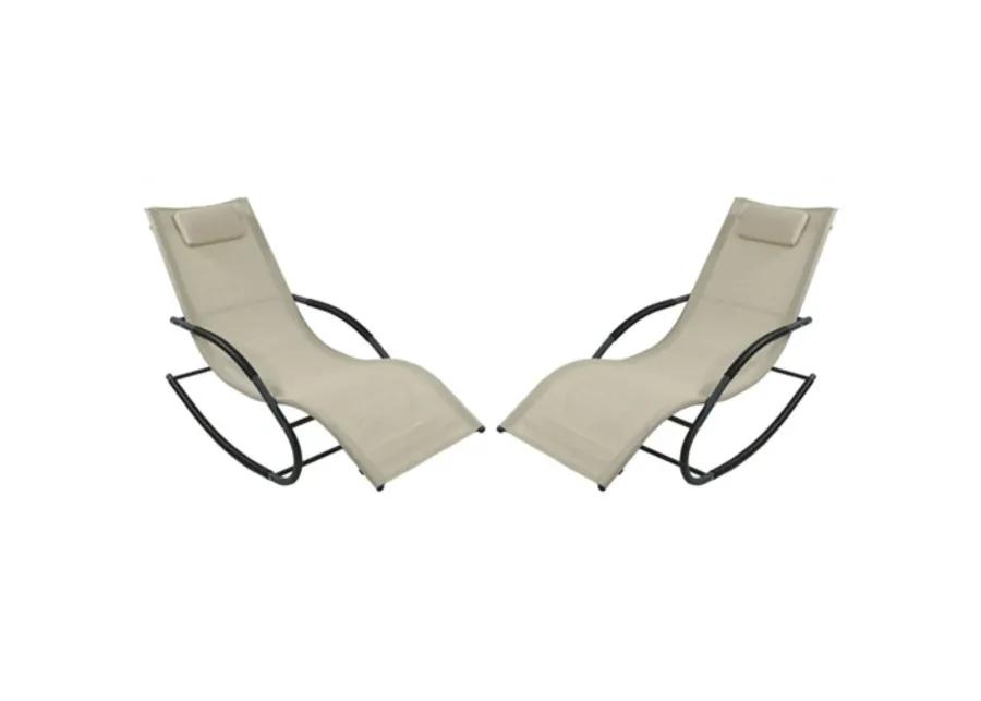 Set of 2 Beige Rocking Chaise Lounger Patio Lounge Chair with Pillow