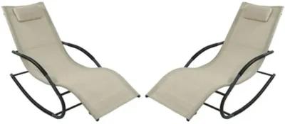 Set of 2 Beige Rocking Chaise Lounger Patio Lounge Chair with Pillow