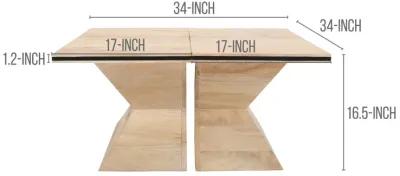 34 Inch Coffee Table, Handcrafted 2 Piece Split Design with Hourglass Base, White Washed Natural Mango Wood - Benzara