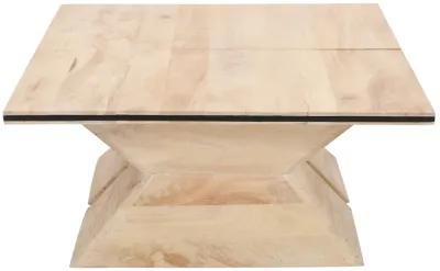 34 Inch Coffee Table, Handcrafted 2 Piece Split Design with Hourglass Base, White Washed Natural Mango Wood - Benzara