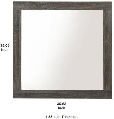 Transitional Style Grained Wood Encased Square Mirror, Gray - Benzara