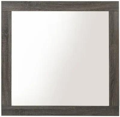 Transitional Style Grained Wood Encased Square Mirror, Gray - Benzara