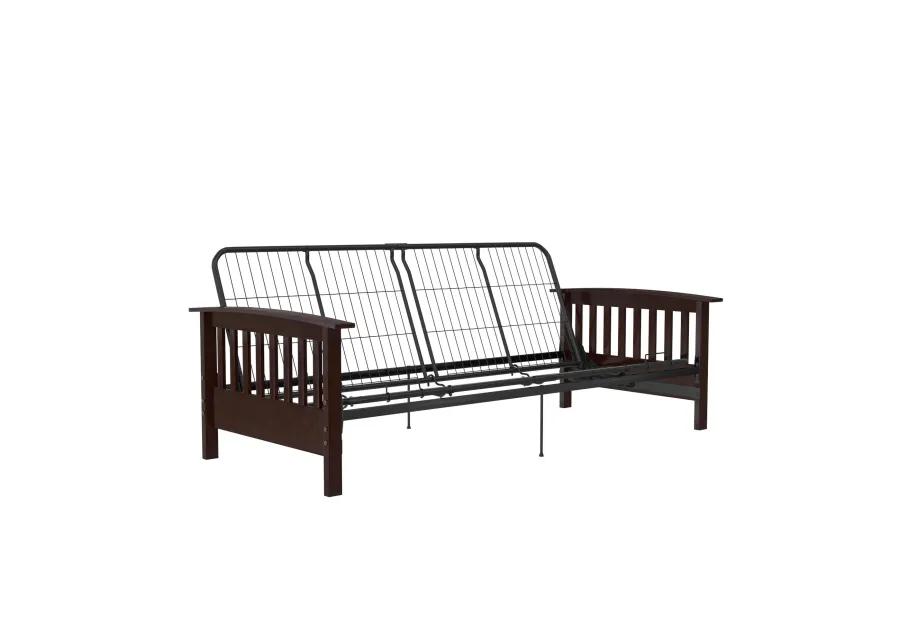 Elbi Full Size Wood Arm and Black Metal Futon Frame