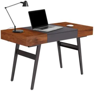 Writing Desk - Dual Side & Pull-Out Front Drawer - Coated Grey Steel Frame - Mahogany