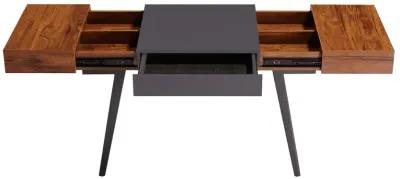 Writing Desk - Dual Side & Pull-Out Front Drawer - Coated Grey Steel Frame - Mahogany