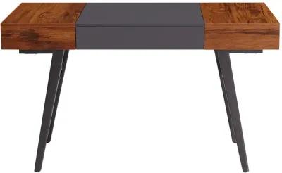 Writing Desk - Dual Side & Pull-Out Front Drawer - Coated Grey Steel Frame - Mahogany