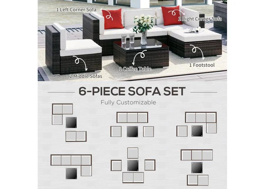 Complete Patio Lounge: 6-Piece White Wicker Set with Glass Coffee Table