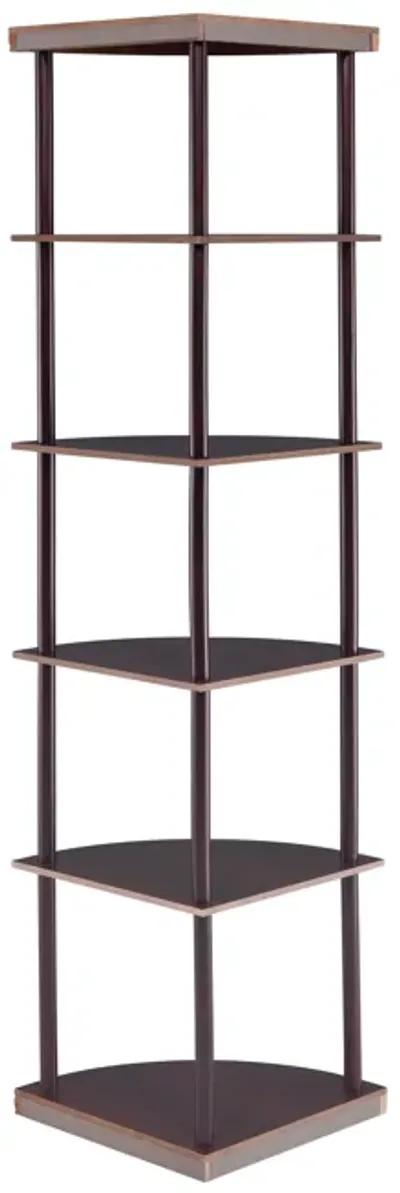 Illuminating corner bookcase with five pie shaped shelves, Brown-Benzara