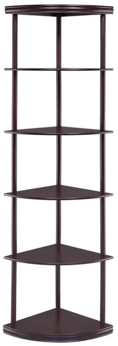 Illuminating corner bookcase with five pie shaped shelves, Brown-Benzara