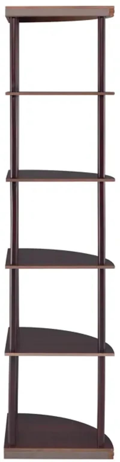 Illuminating corner bookcase with five pie shaped shelves, Brown-Benzara