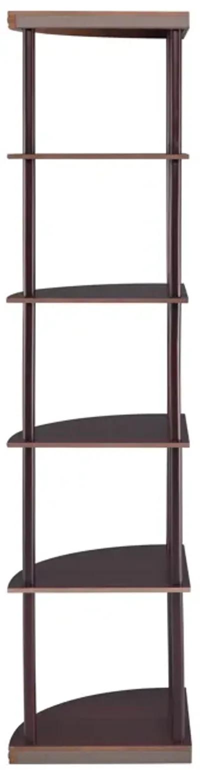 Illuminating corner bookcase with five pie shaped shelves, Brown-Benzara