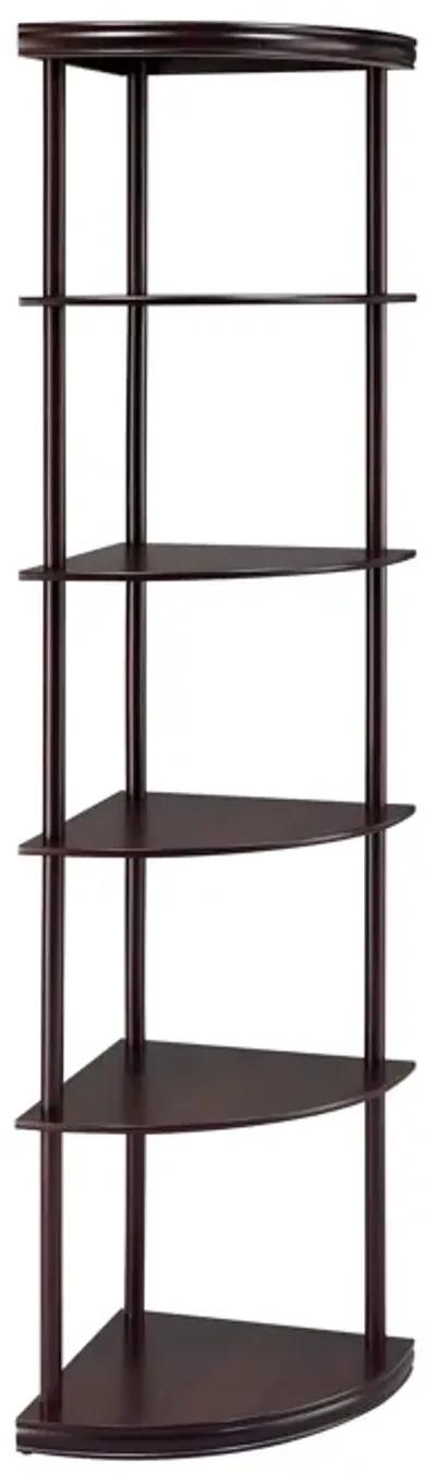 Illuminating corner bookcase with five pie shaped shelves, Brown-Benzara