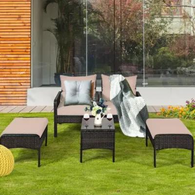 Hivvago 5 Pieces Patio Rattan Sofa Ottoman Furniture Set with Cushions