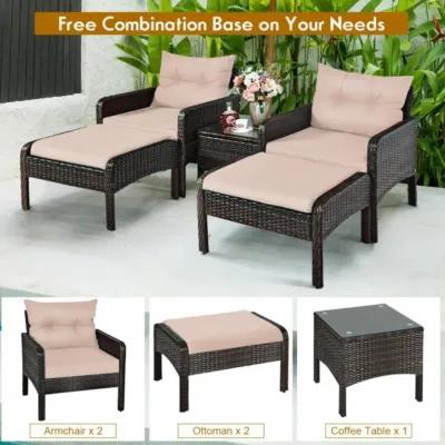 Hivvago 5 Pieces Patio Rattan Sofa Ottoman Furniture Set with Cushions